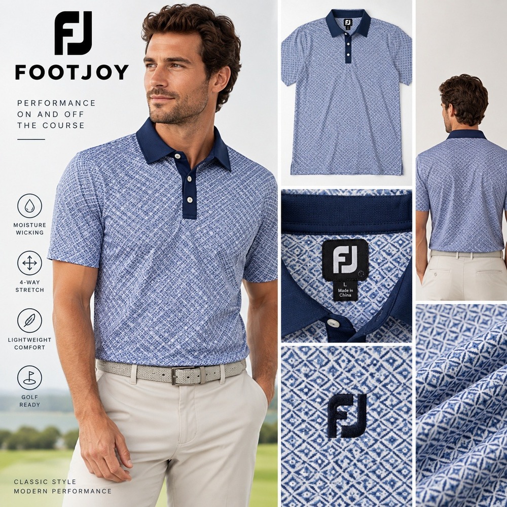 FootJoy Men L Blue White Geometric Golf Polo Performance Stretch Moisture Wick